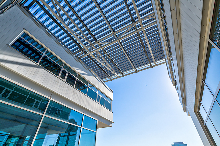 Aerial close up shot of the solar panels at OAA Headquarters