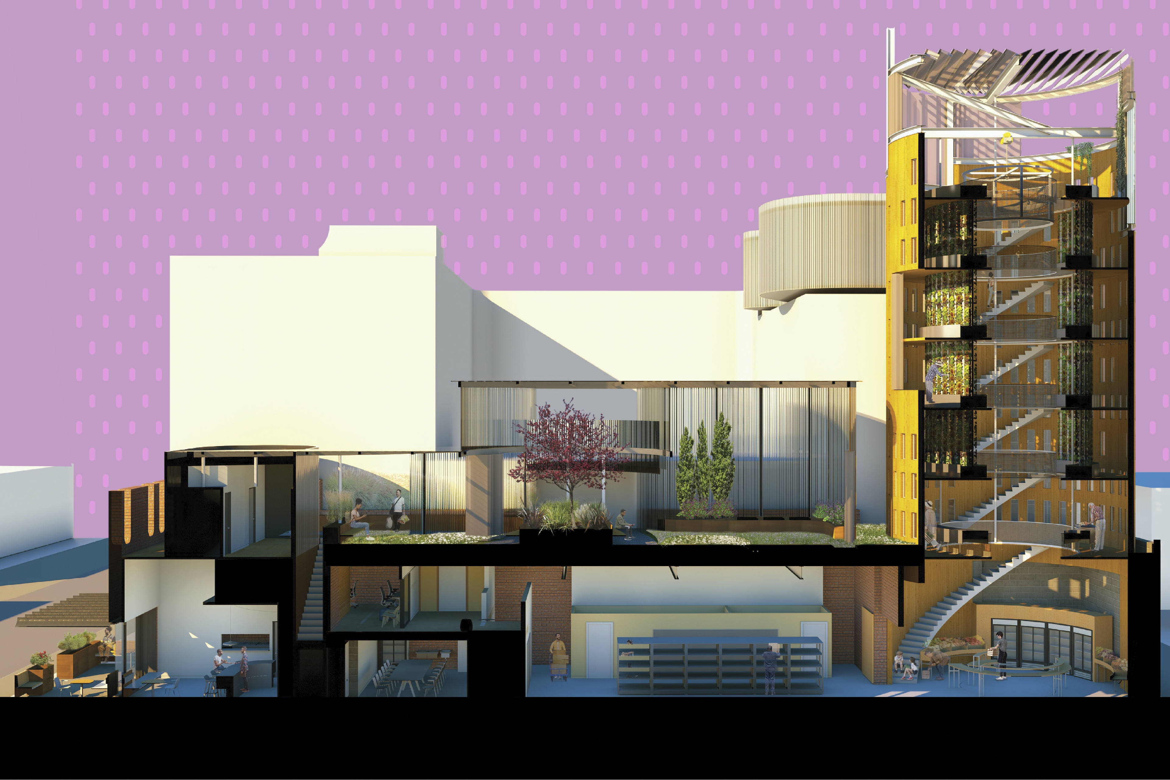 Sectional drawing of a sile and supported programmatic space.