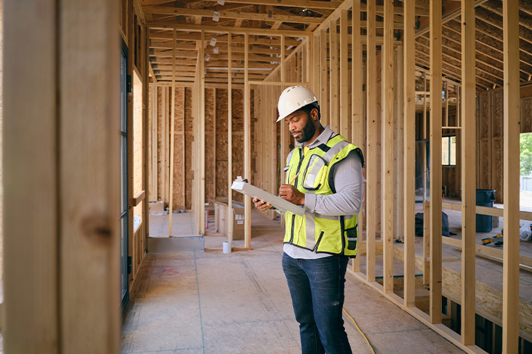 A man on a construction site looks at a clipboard while wearing a brightly coloured vest