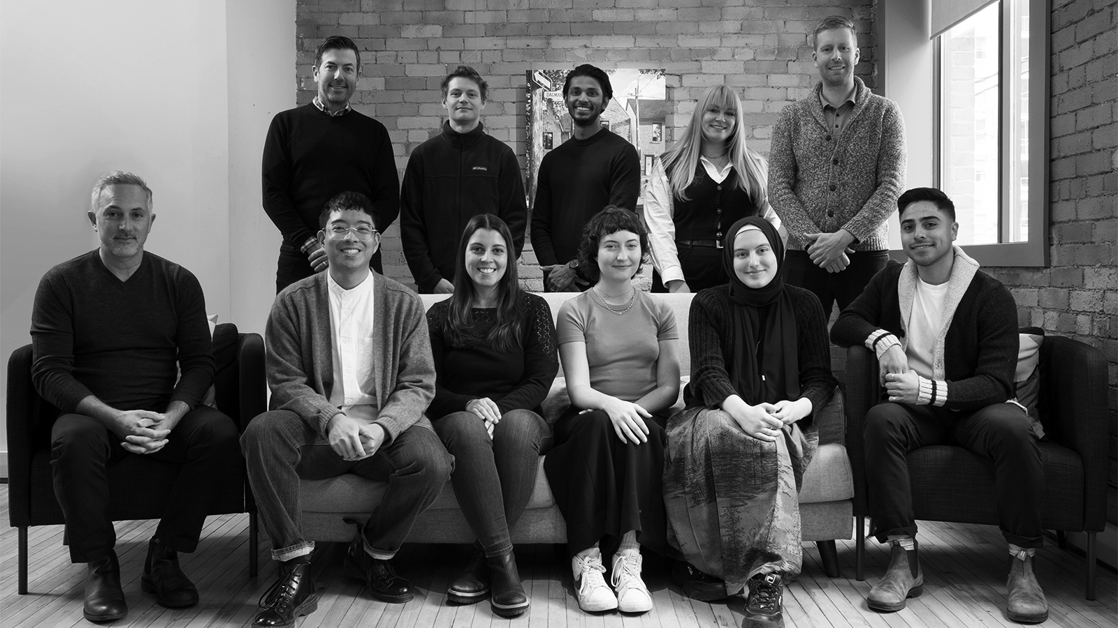 Photo of the Lanescape Architecture Inc. team. From left to right top to bottom: Alex Sharpe, Matthew Hagen, Ryan Fernandes, Sarah Tyl, Craig Race, Andrew Sorbara, Ron Adriano, Bruna Mendes, Kate Jones, Heba Al-Fayez & Armando Gutierrez