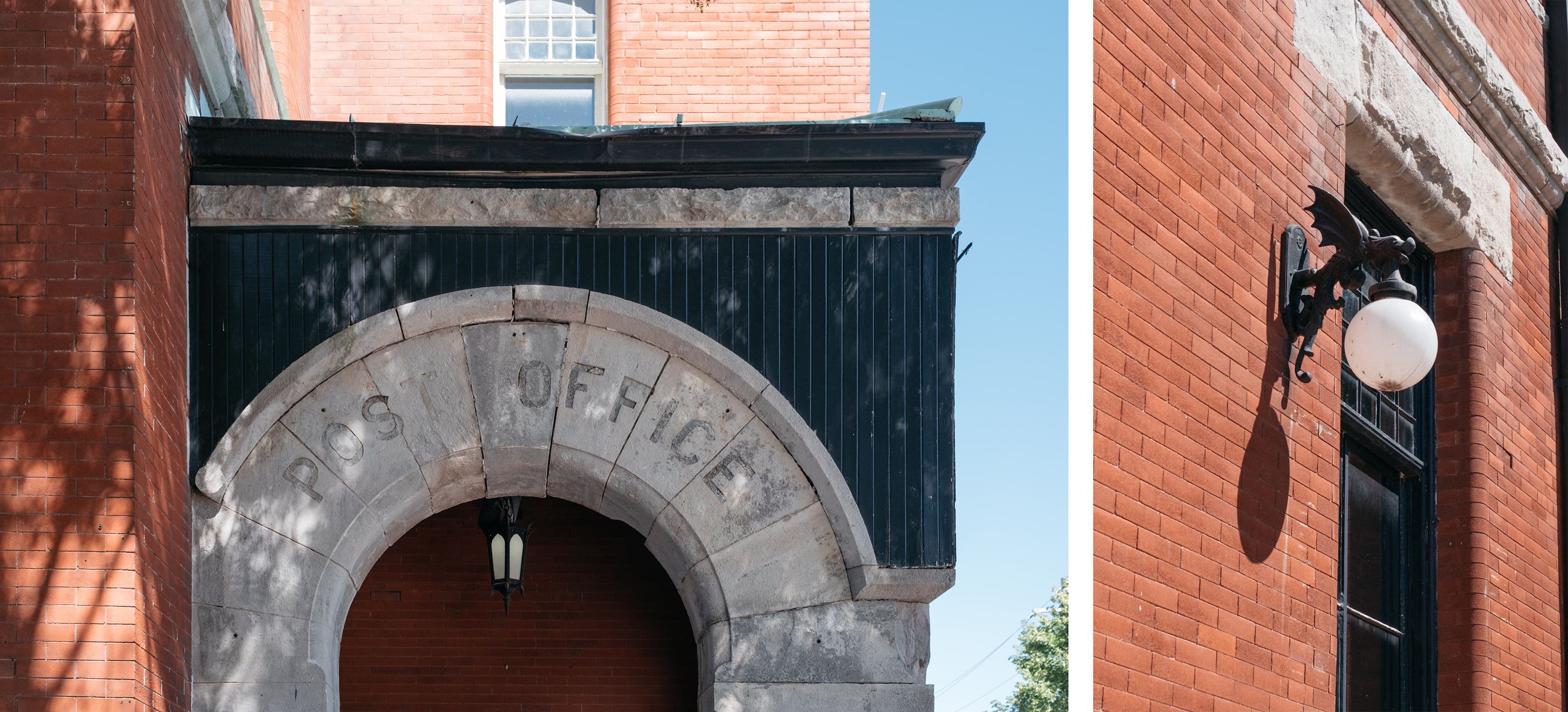 Left: Close-up photograph of a stone archway inscribed with text that reads "Post Office". A single light fixture hangs in the middle. Right: Close-up photograph of a spherical exterior wall light supported by a small ornamental dragon.