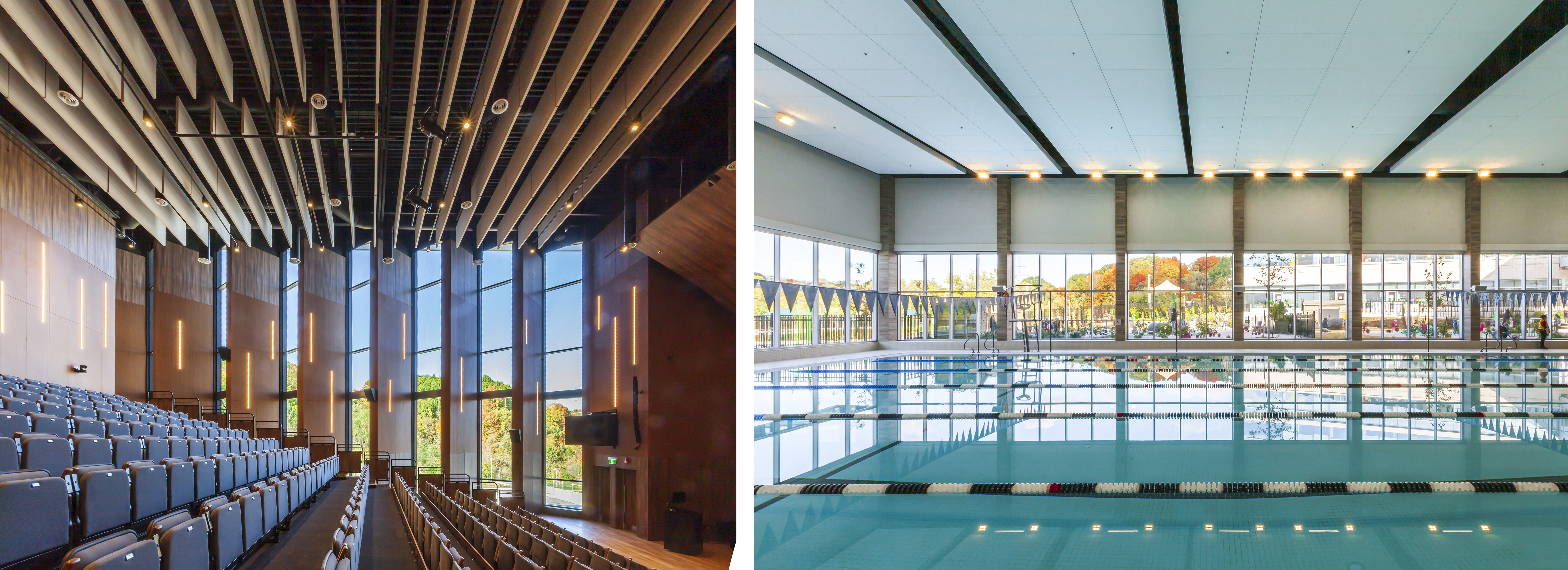 Left: Raked theatre seating with wooden interior surfaces and large angled windows in the background. Right: Large indoor swimming pool surrounded by curtain wall windows.