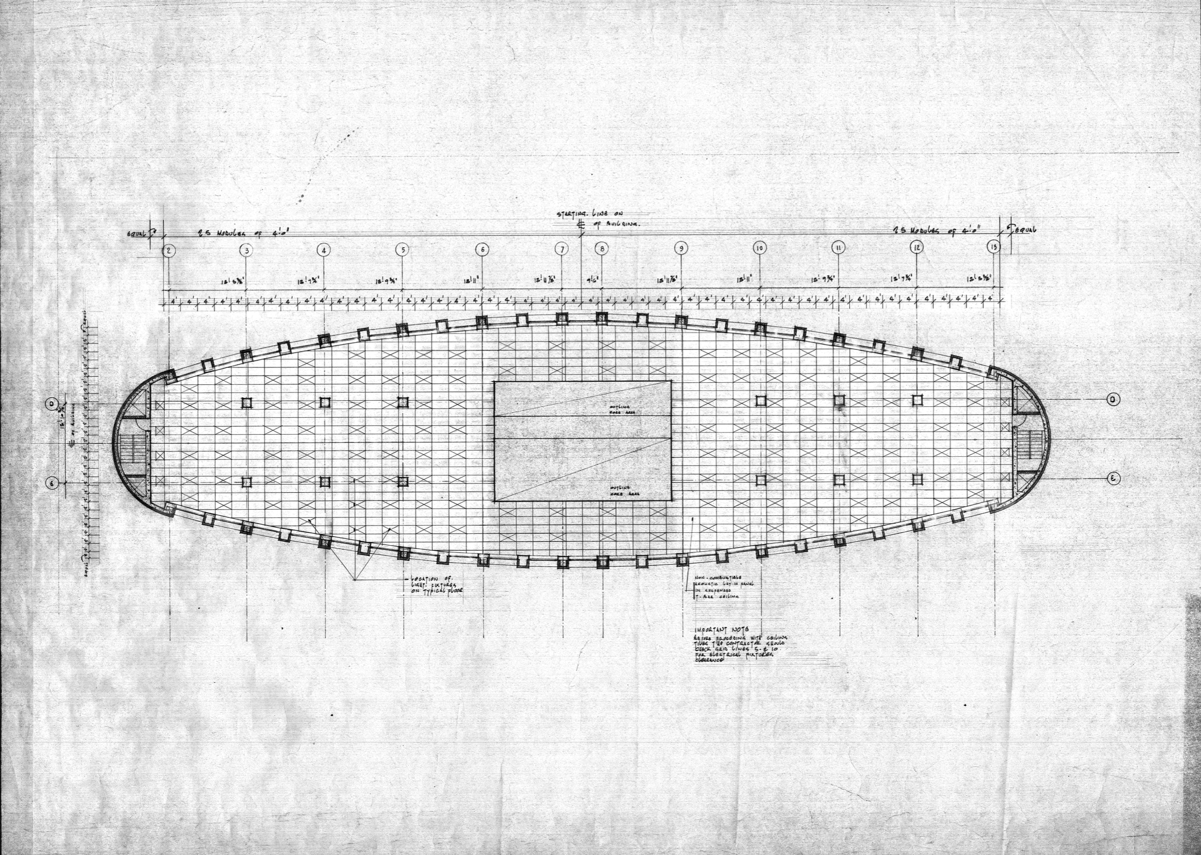 Technical plan drawing showing elliptical building shape.