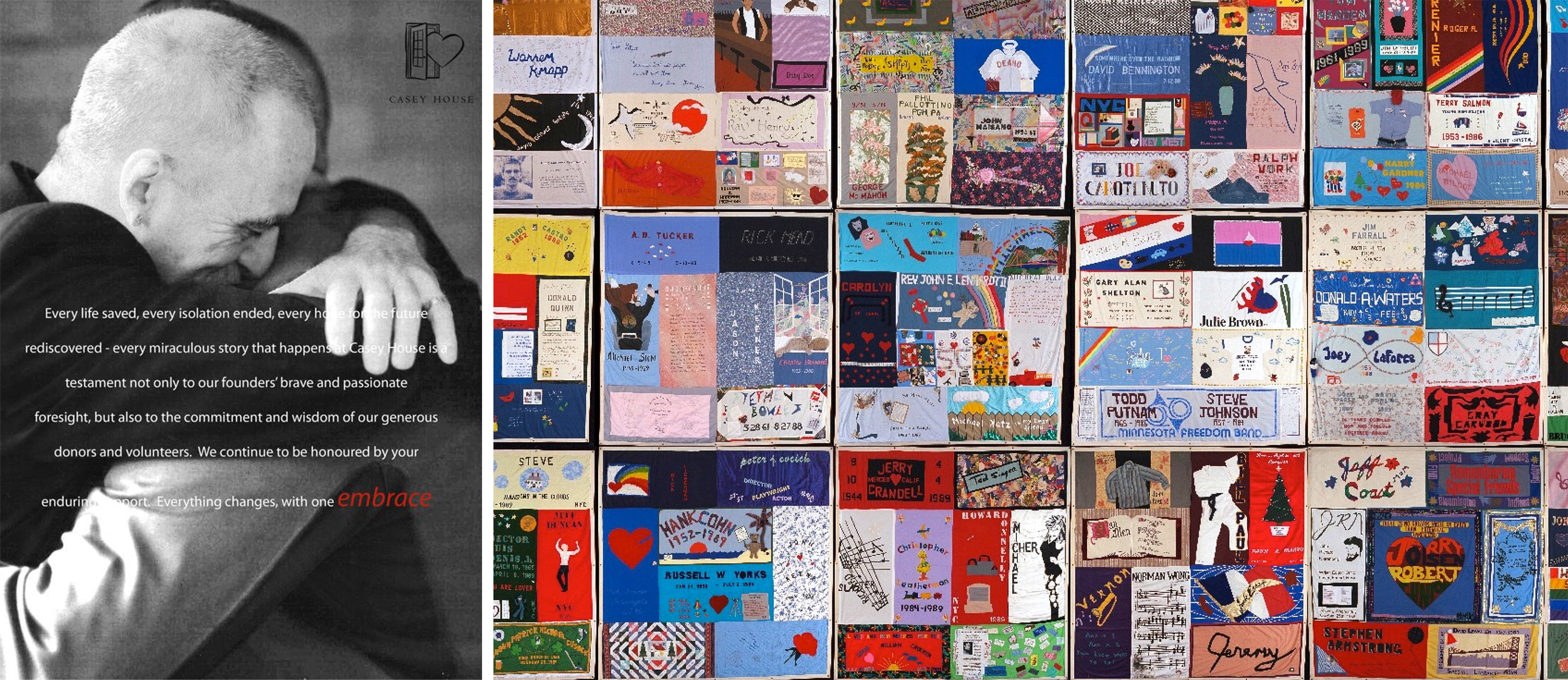 Left: An advertisement for Casey House. Right: AIDS memorial quilt.